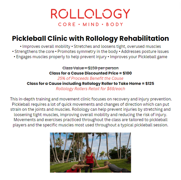 Promotional image for a Pickleball Clinic with Rollology Rehab, featuring text about the clinic benefits and a photo of two people playing pickleball.